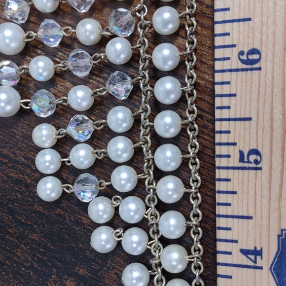 Vintage Bib Style Faux Pearl/AB Crystal Goldtone Necklace - Picture 7 of 10